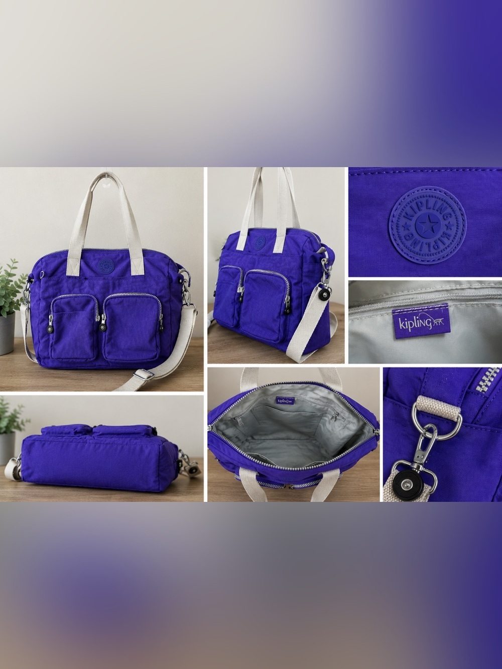 Kipling Purple Nylon Tote Crossbody Travel Bag Multi Pocket
